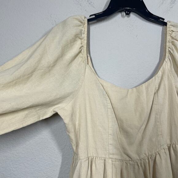 Every Size Medium Babydoll Mini Dress Tan Chai Smocked Square Neck Puff Sleeves - Picture 7 of 10